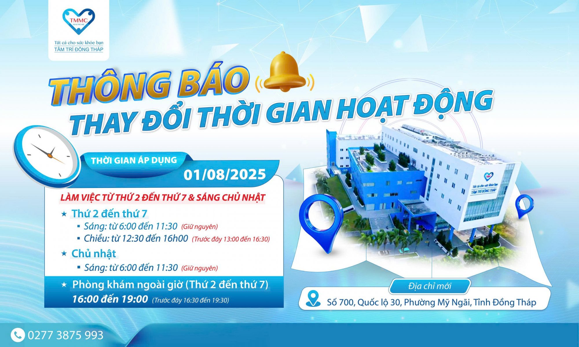 Thông báo: Bệnh viện Đa khoa Tâm Trí Đồng Tháp điều chỉnh thời gian làm việc buổi chiều