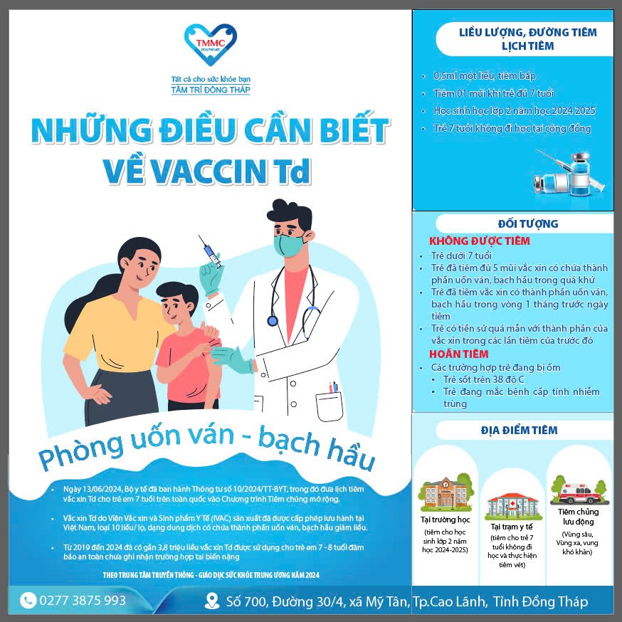 Tiêm vắc xin Td để phòng bệnh uốn ván - bạch hầu cho trẻ đủ 7 tuổi
